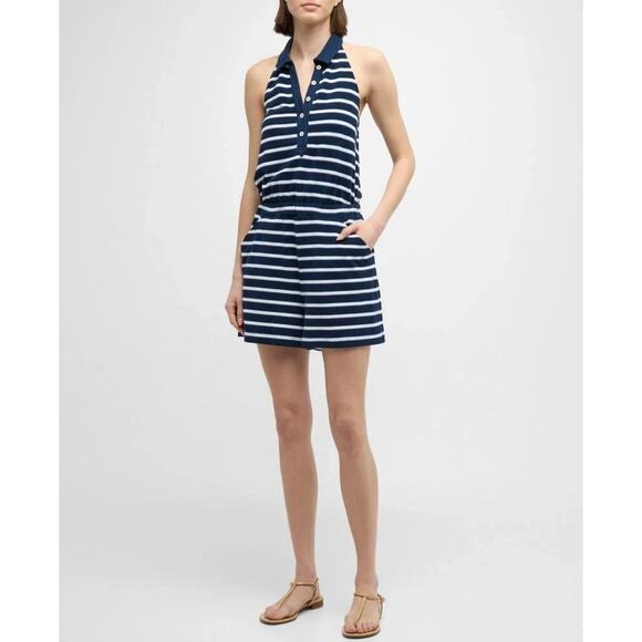 Veronica Beard Romper Womens Medium Navy Stripe Halter Collared Pockets Elastic - Picture 1 of 11